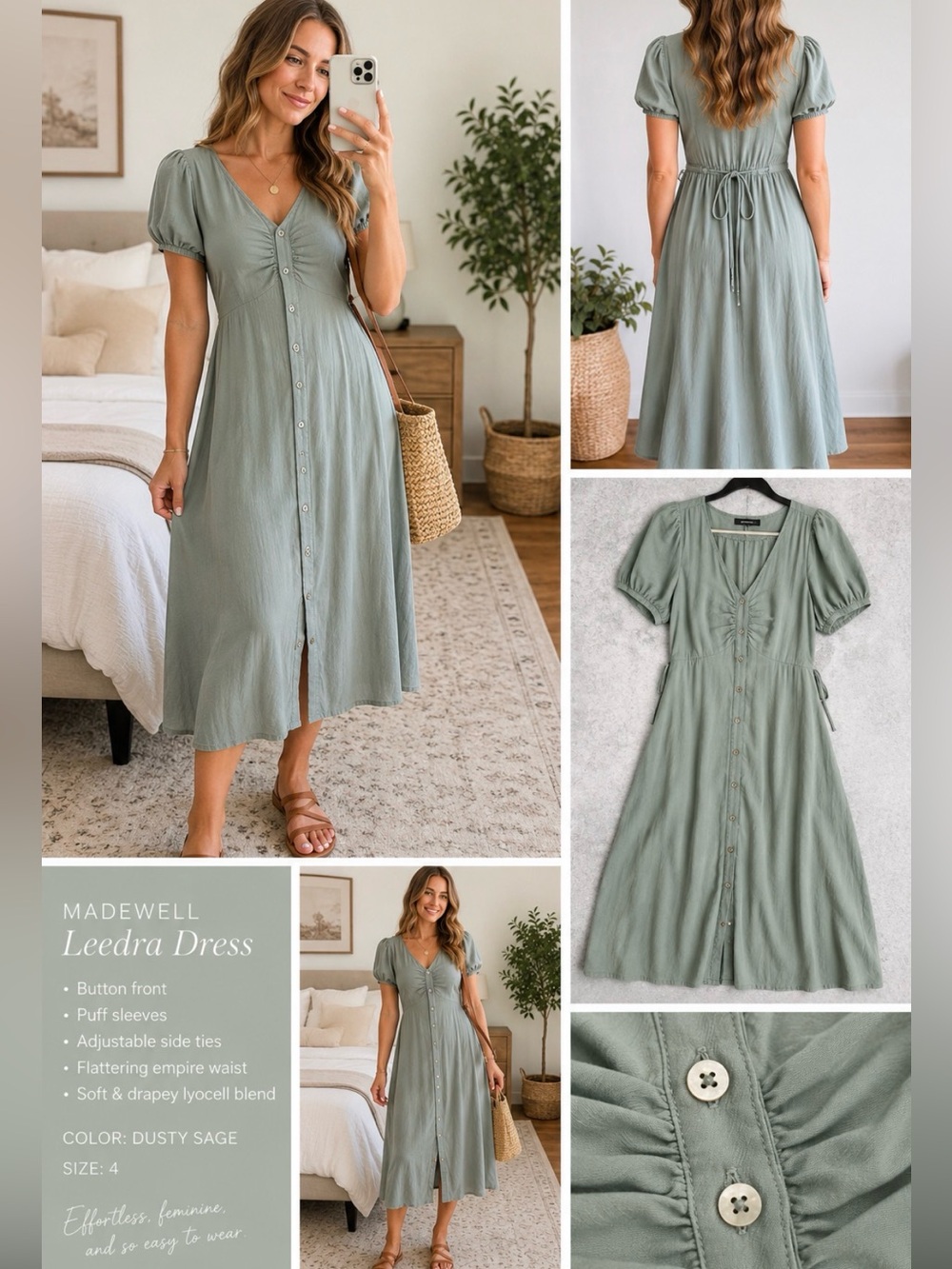 Madewell Leedra Sage Green Button Front Midi Dress Puff Sleeve Tie Waist Size 4 - Picture 12 of 12